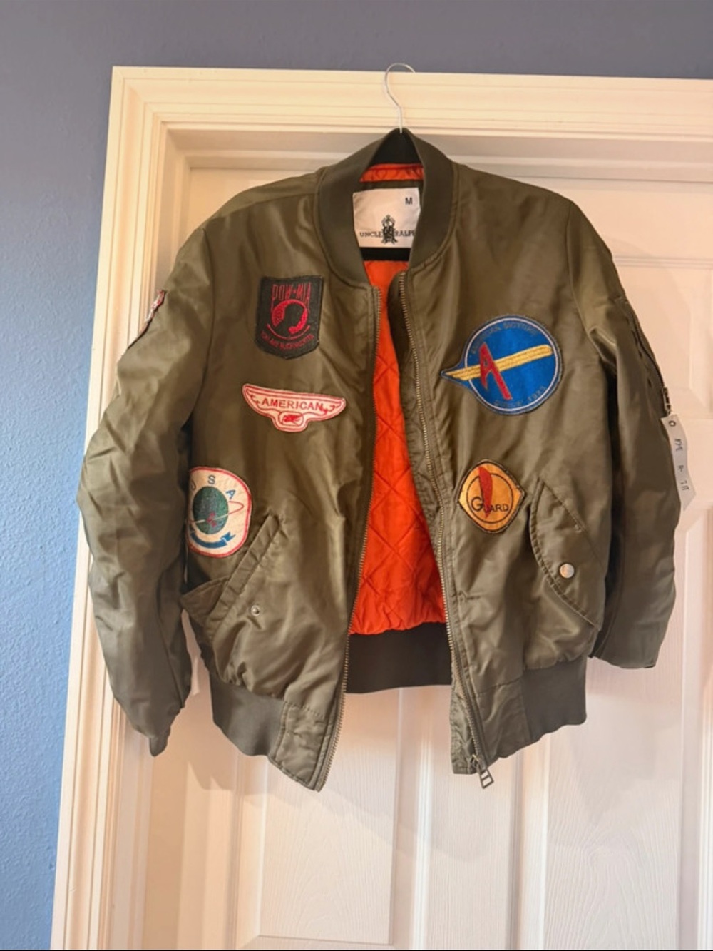 Men's Olive Bomber Jacket with Orange Quilted Lining and Patch Accents